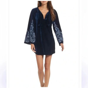 Misa Los Angeles Luca Midnight Blue Velvet Embroidered Sleeves Shift Dress Small